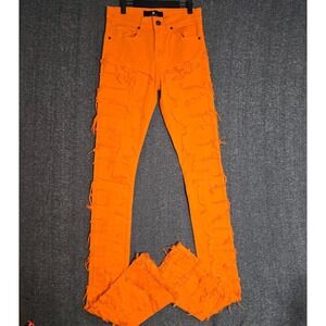 Focus Jeans Super Stacked Denim Orange Slim Fit Sz 30 x 47 Y2K Hip Hop‎ Distress